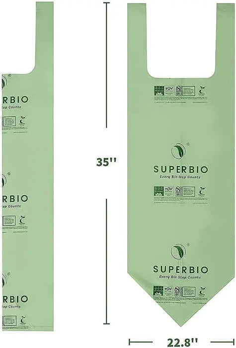 Green SuperBio shopping bag with dimensions on a white background