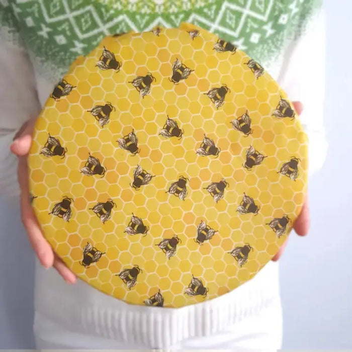 Round yellow object with bee and honeycomb pattern held by a person