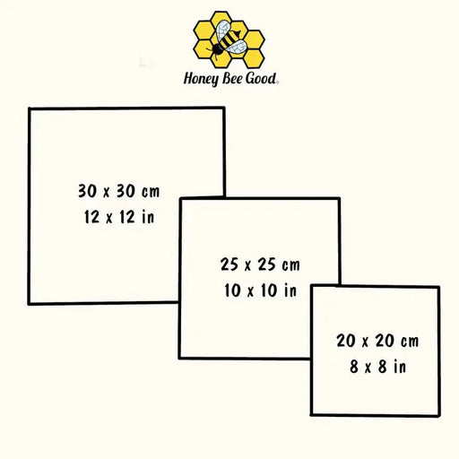 Illustrations of different size frames with dimensions and a 'Honey Bee Good' logo.