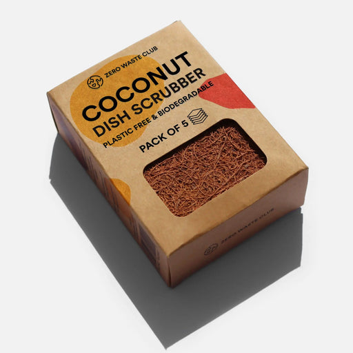 Coconut dish scrubber packaging with text on a white background