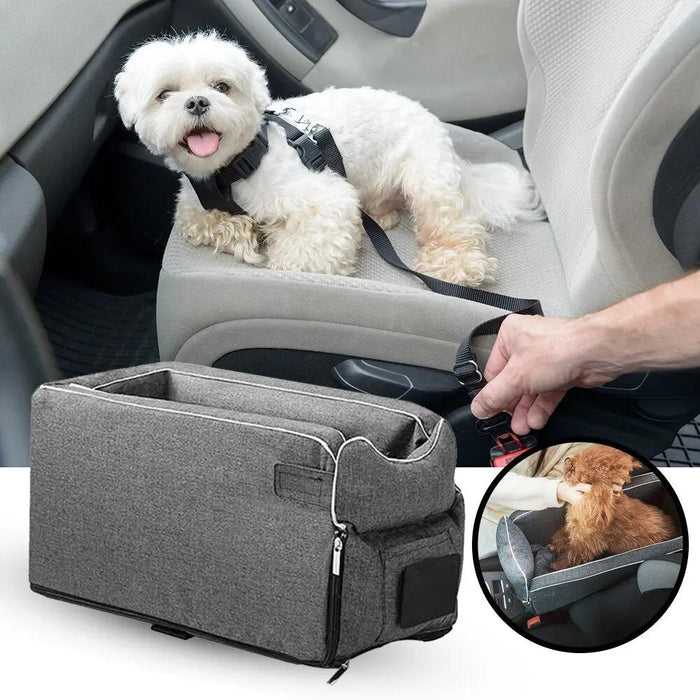 Dog in a car with a pet seat harness and a gray pet carrier.