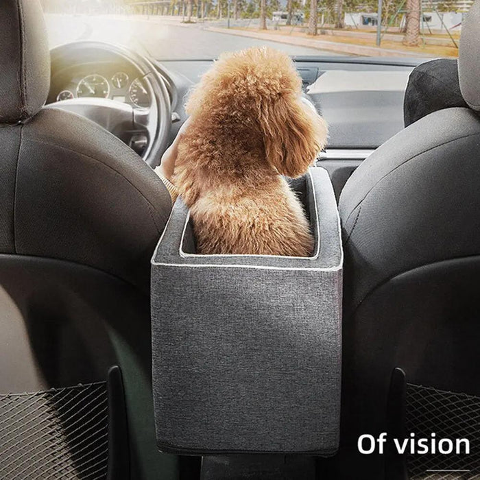 Dog sitting in a car seat on a separator with 'Of vision' text overlay