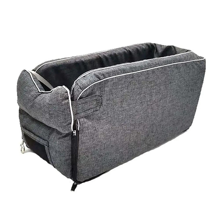 Gray fabric storage bin with zipper on a white background