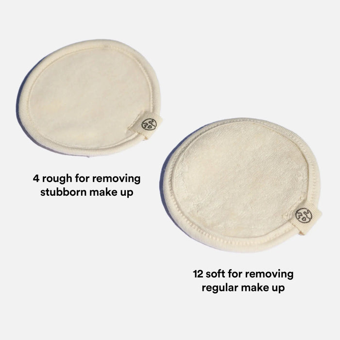 Two round makeup removal pads with labels indicating their use for different types of makeup removal on a white background.