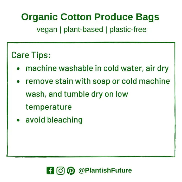 Care instructions for organic cotton produce bags on a white background with green text.