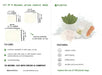 Set of 4 organic cotton produce bags with care instructions and features on a white background.