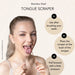 Person using a stainless steel tongue scraper with usage instructions on a beige background
