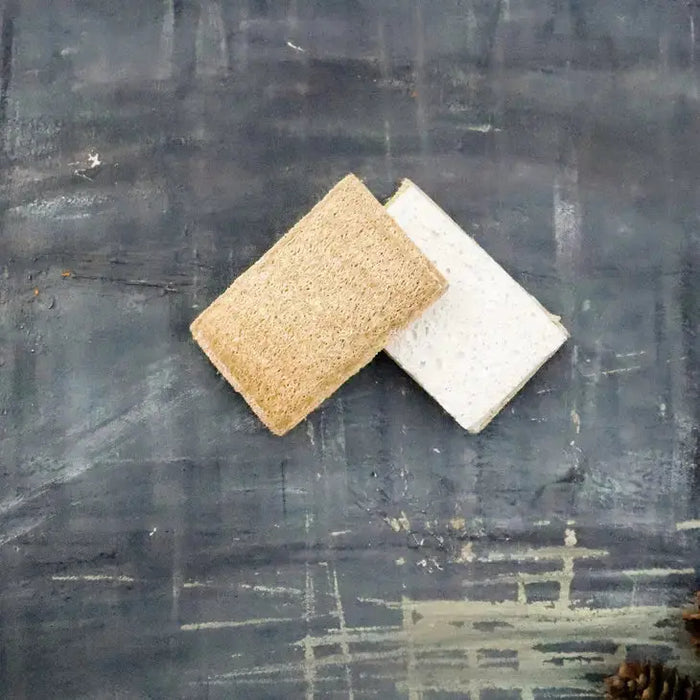 Two sponges, one brown and one white, on a textured dark surface.